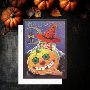Bruja de Halloween vintage, gato, calabaza, postal