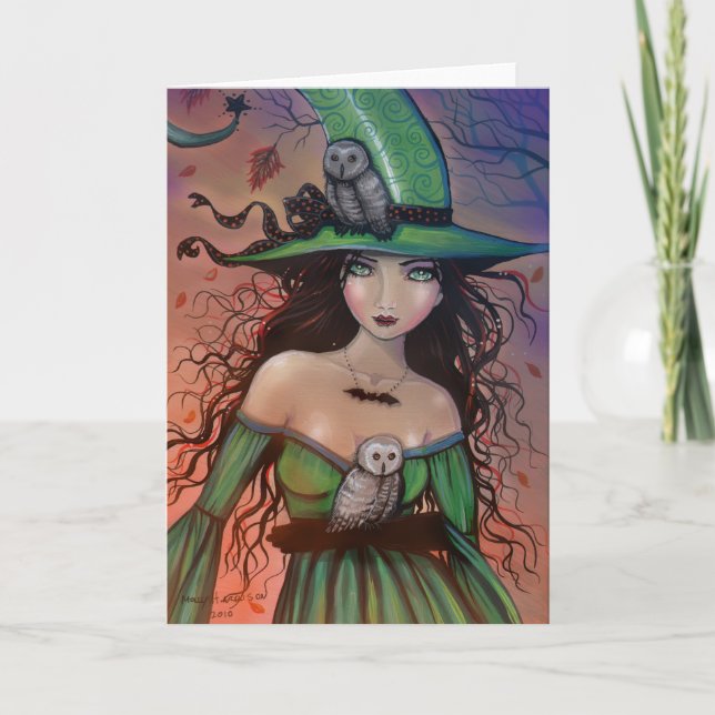 Bruja de Halloween y tarjeta de búhos (Anverso)