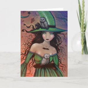 Bruja de Halloween y tarjeta de búhos