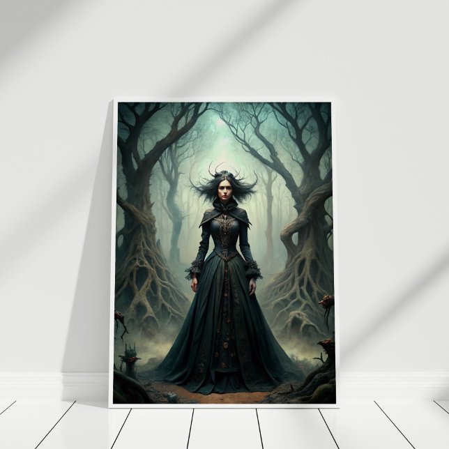 Bruja de la luna oscura - Arte de pared de la rein (Dark Moon Witch – Forest Queen Wall Art in a white frame.)