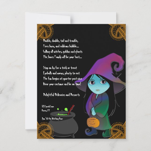 Bruja de lilo en arcoiris con invitación a Hallowe (Anverso)