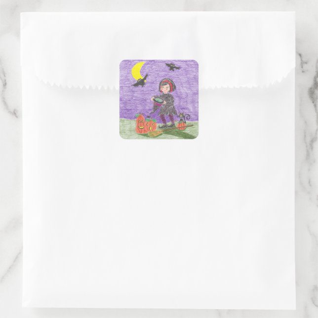 Bruja de pelo corto de Halloween pegatinas cuadrad (Bolso)