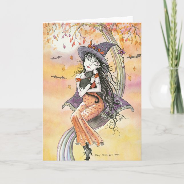 Bruja de tarjeta de Halloween gato negro (Anverso)