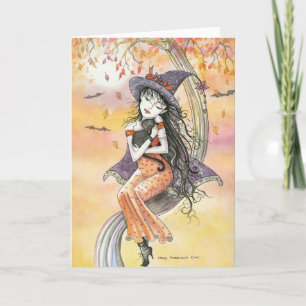 Bruja de tarjeta de Halloween gato negro