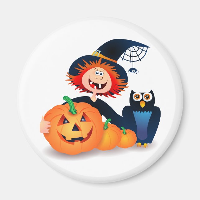 Bruja divertida con búho y calabazas, imán (Frente)