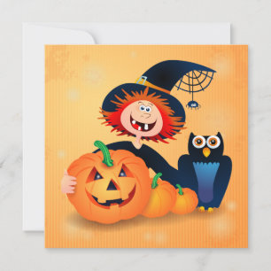 Bruja divertida con búho y calabazas, invitación
