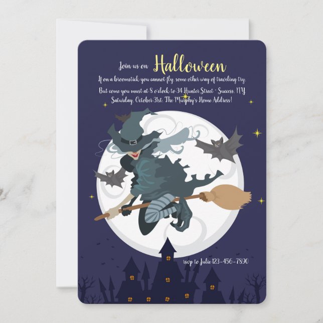 Bruja en la invitación a la fiesta de Halloween co (Anverso)