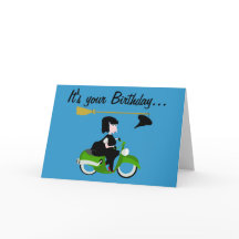 Bruja en la tarjeta de cumpleaños de la motociclet
