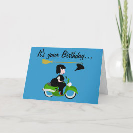 Bruja en la tarjeta de cumpleaños de la motociclet