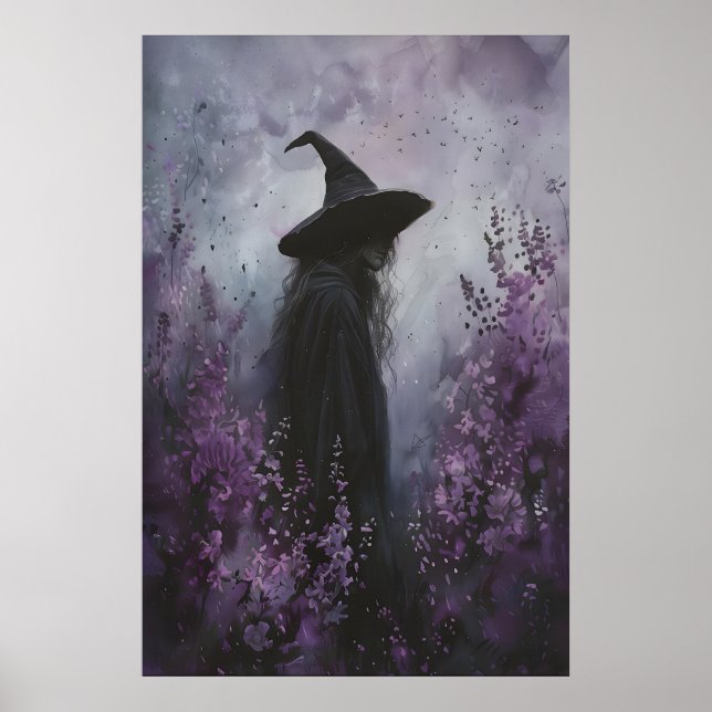 Bruja Encantadora con Flores Moradas Arte Imprimib (Frente)
