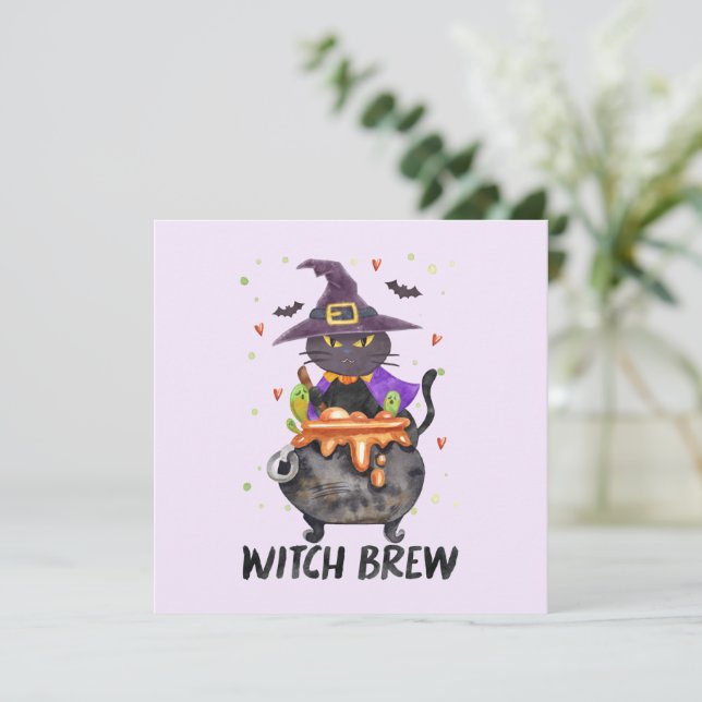 Bruja - Gato de bruja de Halloween en un caldero (Anverso de pie)