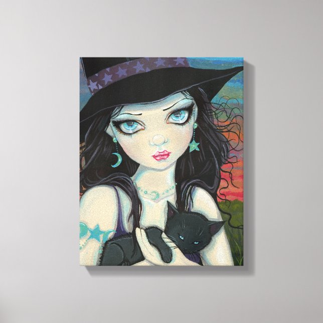 Bruja Peekaboo y Gato Negro Impresión de Lienzo (Anverso)