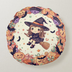 Bruja Pequeña con Calabazas Almohada Redonda