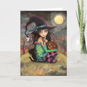 Bruja pequeña de Halloween y tarjeta de gato negro