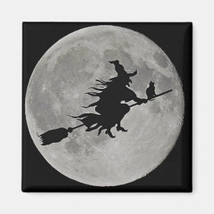 Bruja que vuela sobre el imán de Halloween de la