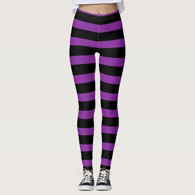 Bruja rayada negra púrpura Halloween Legging (Anverso)