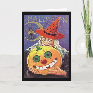 Bruja Vintage Tarjeta de Feliz Halloween en Blanco