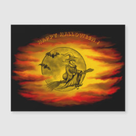 Bruja voladora con gato negro, noche de halloween