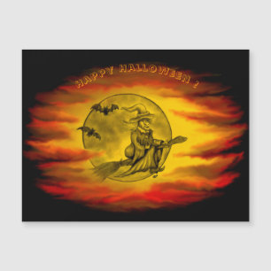 Bruja voladora con gato negro, noche de halloween