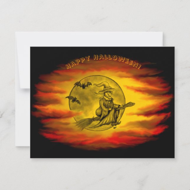 Bruja voladora con gato negro, noche de halloween (Anverso)