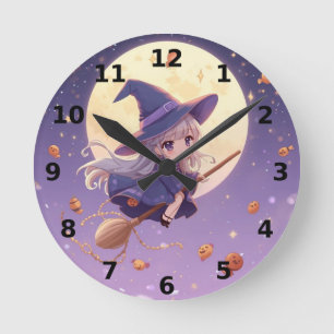 Bruja volando a través del reloj de pared de Hallo