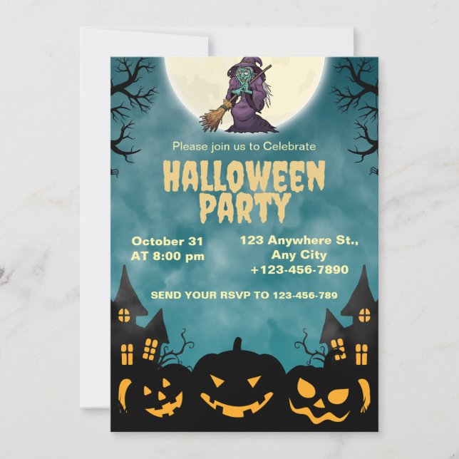 Bruja y Calabazas Invitación a la Fiesta de Hallow (Anverso)