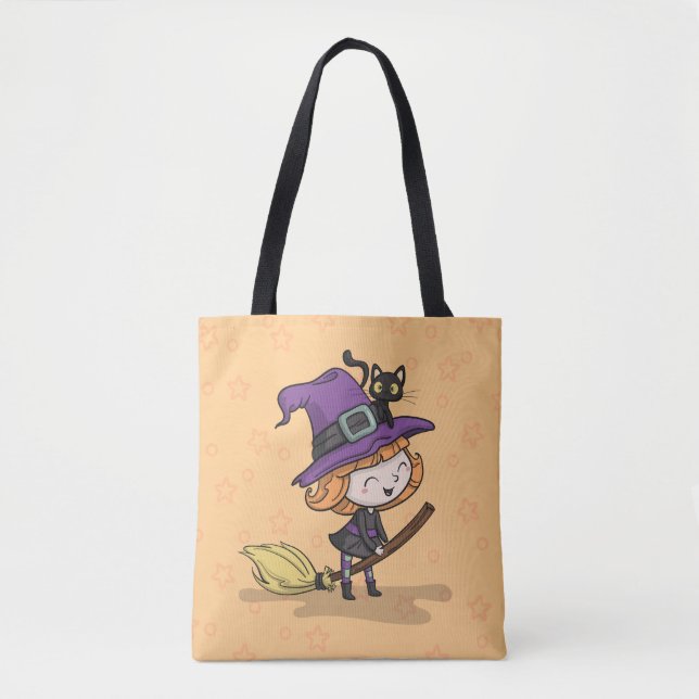 Bruja y gato de Halloween | Bolso de tela (Anverso)