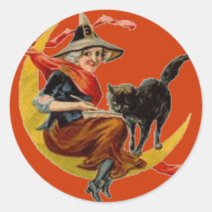 Bruja y gato negro en la luna - Pegatina de Hallow