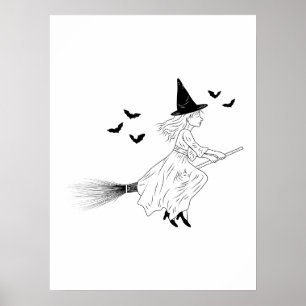 Bruja y murciélagos Arte de línea simple Halloween