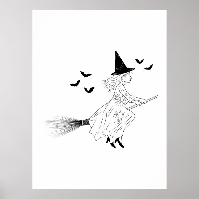 Bruja y murciélagos Arte de línea simple Halloween (Frente)