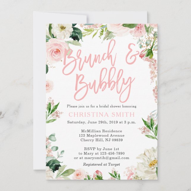 Brunch and Bubbble Invitaciones Rubor Pink Florals (Anverso)