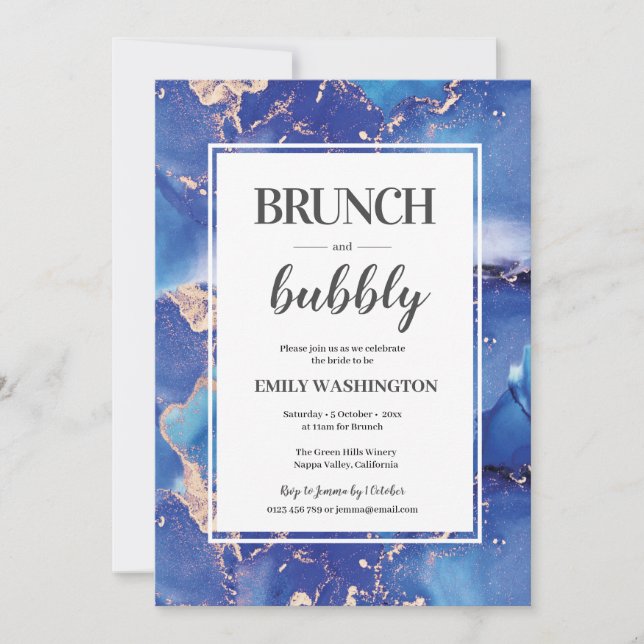Brunch azul y oro e invitación a burbujas (Anverso)