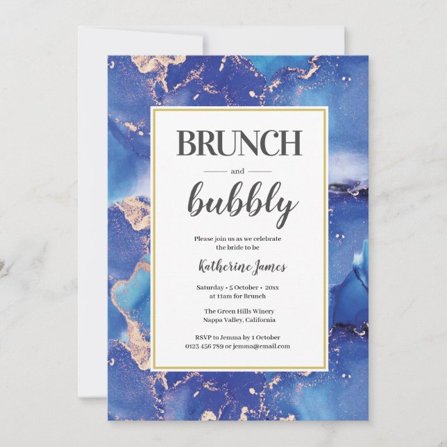 Brunch azul y oro e invitación a burbujas (Anverso)