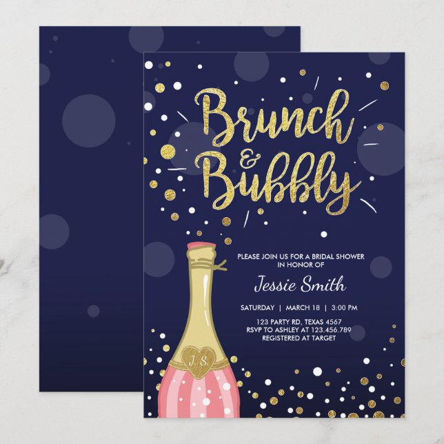 Brunch & Bubbly Bridal Ducha invitación Navy Oro (Anverso / Reverso)
