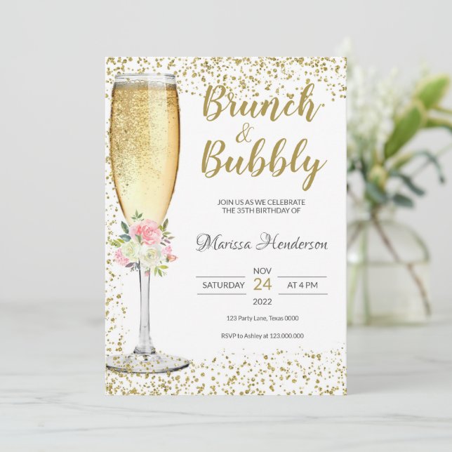Brunch & Bubbly Cumpleaños Invitación Floral Rosa (Anverso de pie)