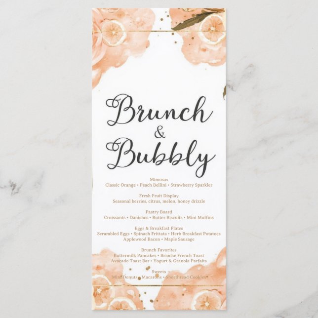 Brunch & Bubbly Menu Card – Peach Watercolor (Anverso)