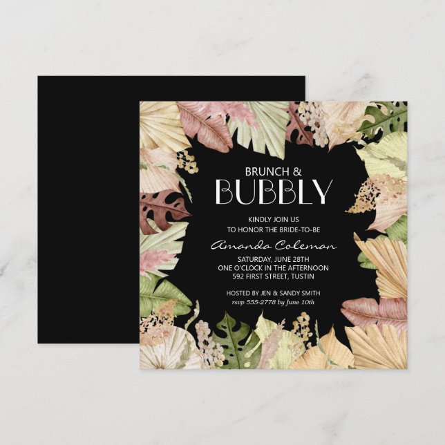 Brunch Bubbly Tropical Leaves Bridal Shower Invite (Anverso / Reverso)