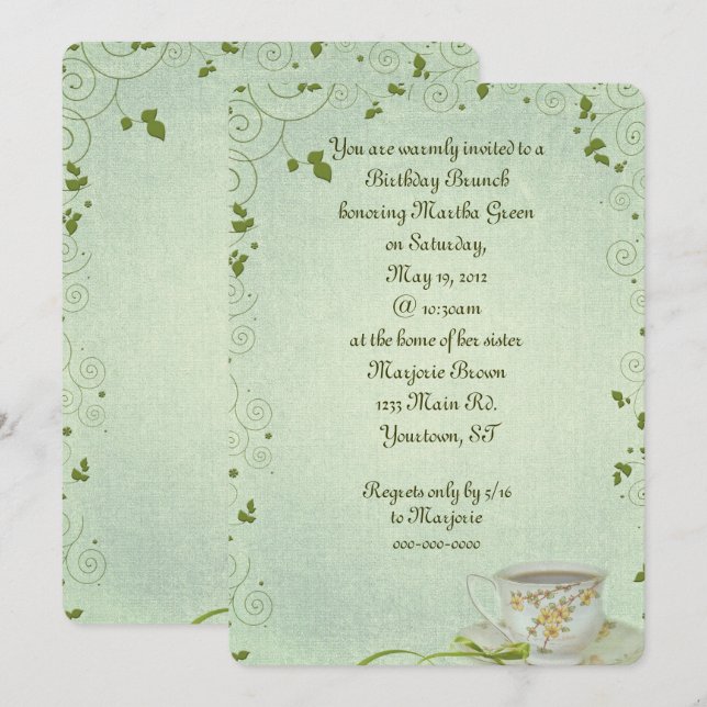 Brunch de cumpleaños con invitación a taza de té (Anverso / Reverso)