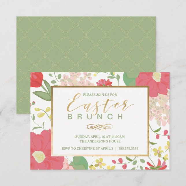 Brunch de Pascua, invitación floral del oro de la (Anverso / Reverso)