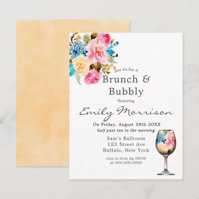 Brunch de vidrio de vino floral e invitación a bur (Anverso / Reverso)