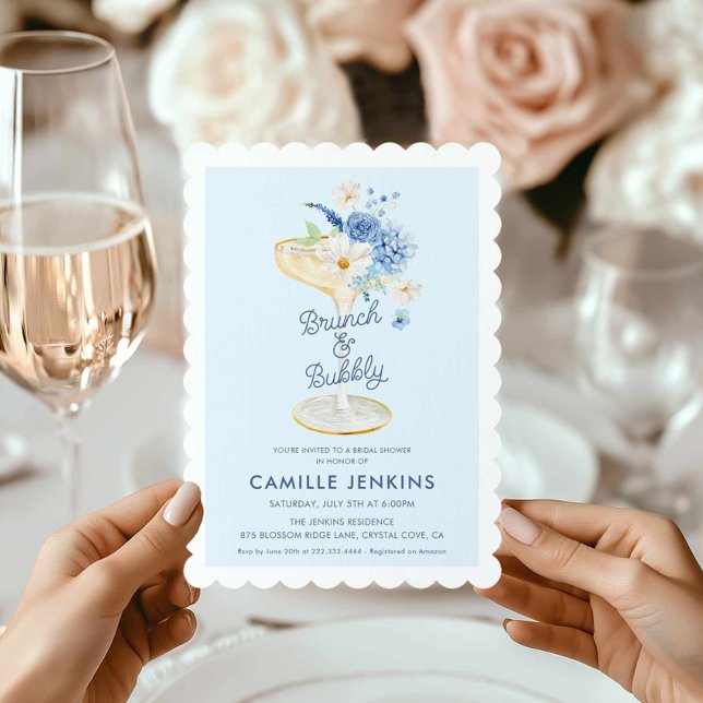 Brunch floral azul e invitación a novias bucadas (Blue Brunch and Bubbly Bridal Shower invitation)