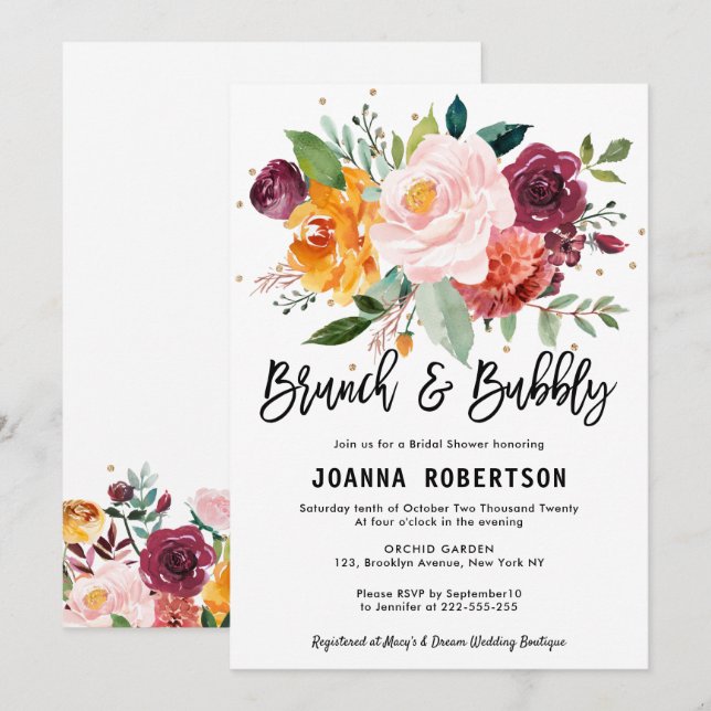 Brunch floral de borgoña de otoño e invitación a b (Anverso / Reverso)