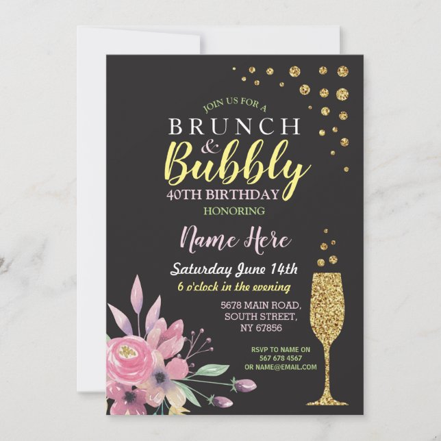 Brunch floral de cumpleaños y invitación rosada bu (Anverso)