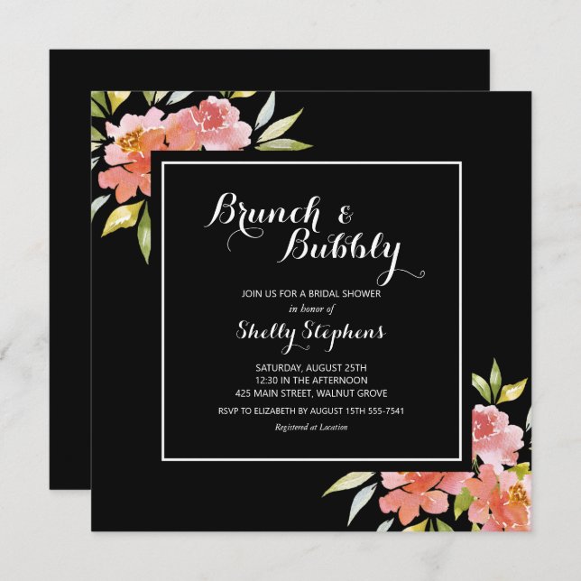 Brunch floral de moda e invitaciones a negro burbu (Anverso / Reverso)