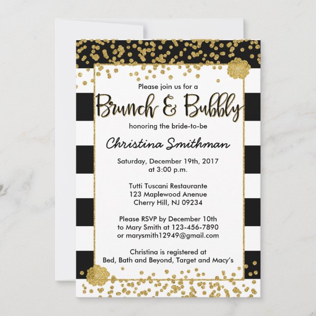 Brunch negro y oro e invitaciones burbujeantes (Anverso)