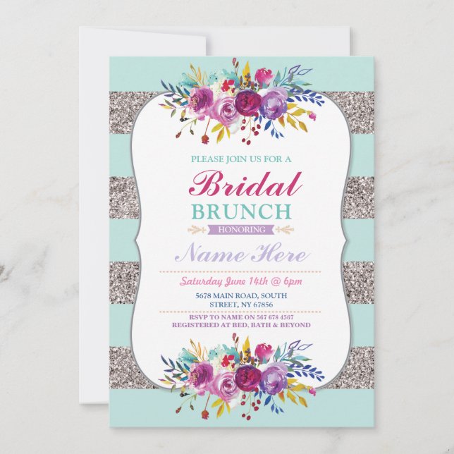 Brunch nupcial Invitación Purpurina Plata Mint Flo (Anverso)
