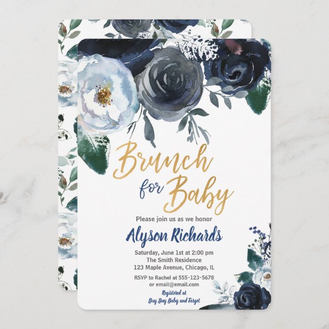 Brunch para bebé ducha invitaciones peony blue (Anverso / Reverso)