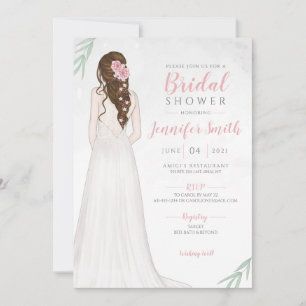 Brunette Bride con ropa novia en la invitación a d