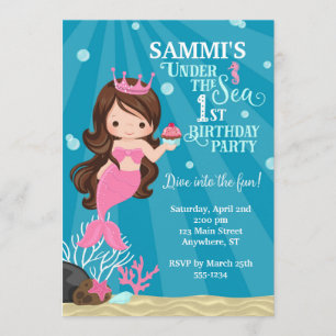 Brunette Mermaid 1ª Invitación de cumpleaños