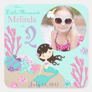 Brunette Mermaid Age Two Photo Pegatina Label
